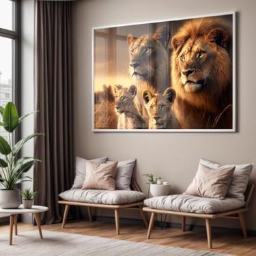 Imagem de Quadro com Moldura e Acrilico Cristal Vidro Sala Quarto Família de Leão Leões Filhote Decorativo Horizontal Grande Hall