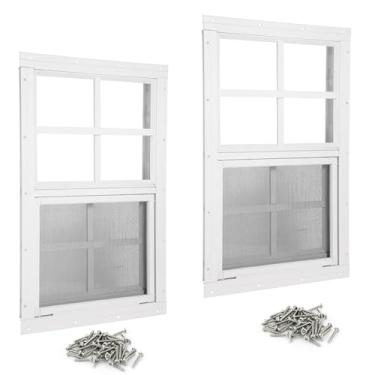 Imagem de Shed Windows 2 Pack 61.0 cm L x 68.6 cm H Montagem Embutida Janela Branca com Vidro Temperado e Tela de Fibra de Vidro, Janelas Deslizantes com Deslizante Vertical e Parafusos para Galpões, Galinheiro