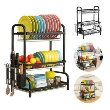 Imagem de Escorredor de Louças Preto 03 andares com Porta Talheres - TOP RIO