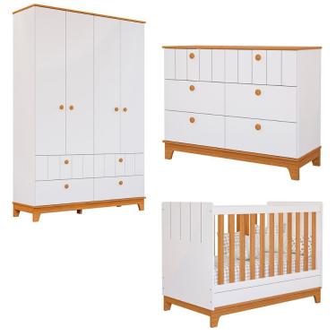 Imagem de Kit Quarto Infantil Biscoito Berço Colchão Cômoda Roupeiro Branco Acetinado/nature