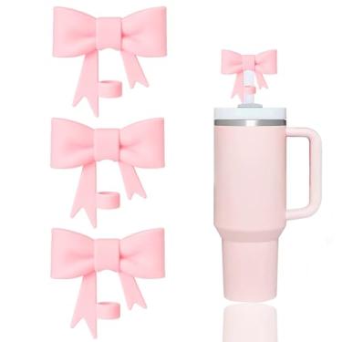 Imagem de 3 peças clássicas de tampas de canudo de laço rosa compatíveis com copos Stanley de 30 e 1,134 g, protetores reutilizáveis e fofos de silicone para canudos StanleyCups de 10 mm Acessórios de palha