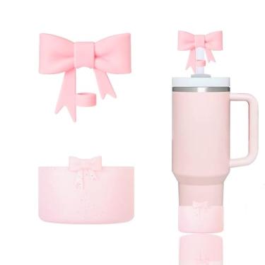 Imagem de Conjunto de acessórios Stanley Cup incluindo 1 peça de botas de silicone com glitter para StanleyCup 1,134 g e copo de 850 g, 1 peça de cobertura de canudo de laço para StanleyStraw de 10 mm (rosa