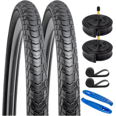 Imagem de Pacote com 2 pneus 700C para bicicleta de estrada 700 x 38C (38-622) Plus 2 tubos 700C para bicicleta 700 x 35/43c Válvula Schrader AV48mm com 2 tiras de aro compatíveis com pneus de bicicleta de