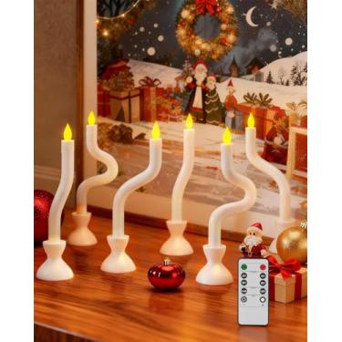 Imagem de Velas cônicas realistas fantasmas sem chama com castiçais brancos, 6 velas de janela com temporizador remoto, funciona a pilhas, LED sem gotejamento, chama 3D cintilante, decoração falsa para