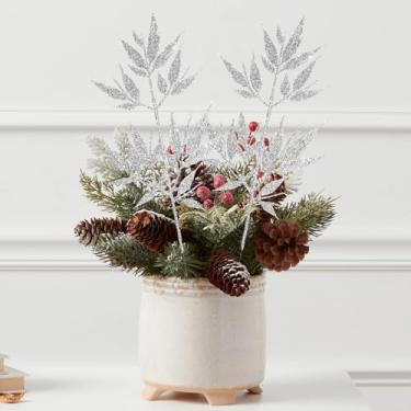 Imagem de Folhas de Natal com purpurina, caules, folha de bambu artificial, decoração de guirlanda de Natal, buquês, centros de mesa, decoração prata