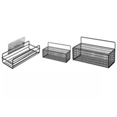 Imagem de Kit com Suportes Organizadores de Parede em Metal Preto e Branco – Prateleiras Multiuso para Banheiro e Cozinha, Porta Shampoo Adesivo Sem Furo(9)