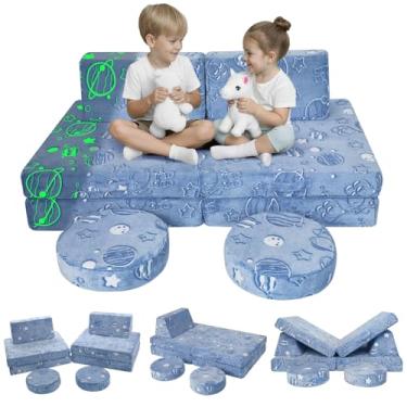 Imagem de MeMoreCool Sofá modular brilhante para crianças, conjunto de 8 peças conversível com tema espacial para sofá de espuma com padrões celestiais para crianças e salas de jogos