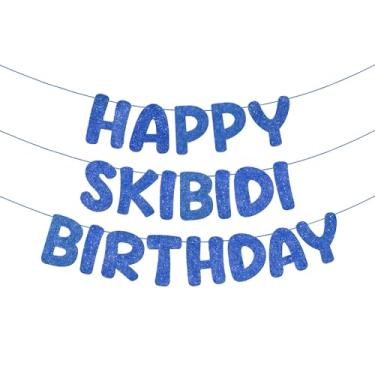 Imagem de Fulmoon Conjunto de 3 faixas pré-amarradas Happy Skibidi Birthday Banner Glitter Funny Gen Z Style Slang Birthday Party Supplies Gen Z Slag Party Decoration Sign Gift (azul escuro)