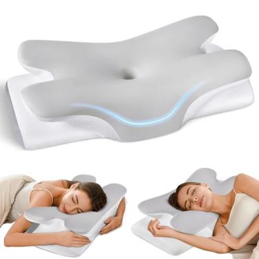 Imagem de Travesseiro cervical para alívio da dor no pescoço, travesseiro ergonômico de 2 alturas, travesseiro ortopédico de descanso de cama ortopédico de espuma viscoelástica sem odor para dormir no estômago