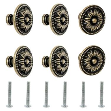 Imagem de 6 peças puxadores de móveis vintage em forma de flor de girassol bronze antigo puxador de gaveta de metal redondo com parafusos para decoração de armário de casa