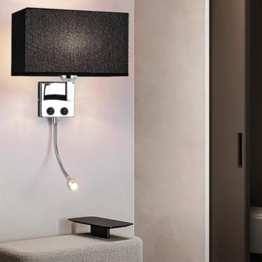 Imagem de GZZBMY E27 Arandela Interior com luz de pescoço de ganso ajustável Lâmpadas de parede modernas Guarda-chuva de tecido Interruptor duplo Iluminação de parede para sala de estar quarto hotel (sem