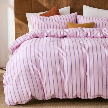 Imagem de Merryword Conjunto de capa de edredom 100% algodão tamanho Queen - Conjunto de cama listrado rosa e roxo com zíper e laços de canto, conjunto de cama macio e luxuoso de 3 peças para todas as estações