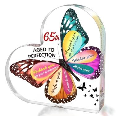 Imagem de SUEHHYY Presentes de aniversário de 65 anos para mulheres e homens, enfeite de bolo de coração de acrílico, presentes de aniversário de 65 anos para mãe, tia, avó, irmã, melhores amigas, esposa, ela