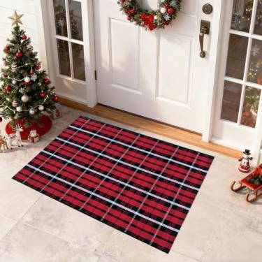 Imagem de USTIDE Tapete xadrez vermelho preto branco 71 cm x 109 cm algodão porta da frente entrada Natal Ano Novo férias tapete decoração exterior