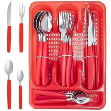 Imagem de Jogo de Faqueiro 25 Peças em Aço Inoxidável com Porta Talher, Cabos Ergonômicos, Vermelho