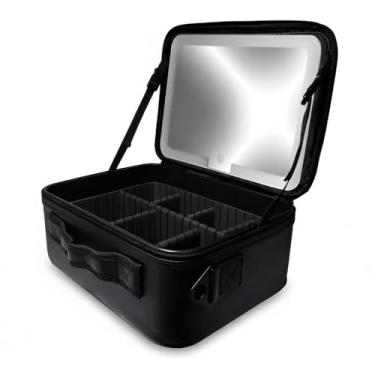 Imagem de Maleta Profissional de Maquiagem com Espelho LED, Preta, Organizador de Cosméticos com Divisórias, Iluminação Integrada