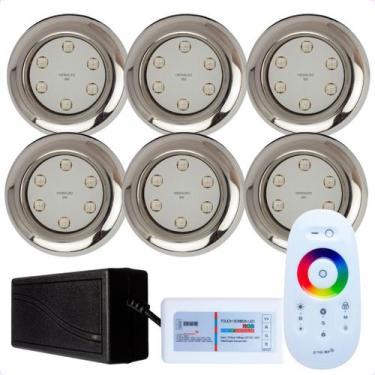 Imagem de Kit 6 Refletores Led 9w RGB Inox S e Comando para Iluminação Piscina -