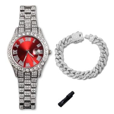 Imagem de genkigold Relógio de diamante dourado para meninos adolescentes - mostrador redondo com algarismos romanos de 42 mm em três cores - pulseira banhada a ouro real 18K de 20 cm - Inclui ferramenta de