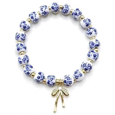 Imagem de Pulseira feminina vintage com contas – Design de laço floral elástico feito à mão, joia delicada, presente para ela, pulseiras românticas ajustáveis para uso diário, Small, Liga de cerâmica, Sem Pedra