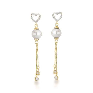 Imagem de Brinco Coração Com Pérola E Franja Banhado A Ouro 18k