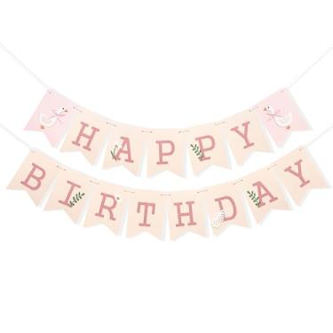 Imagem de Faixa de feliz aniversário de ganso - decorações de festa de aniversário rosa doce, adereços engraçados de foto de faixa de ganso, guirlanda de festa de gramado de folha de margarida, decoração de