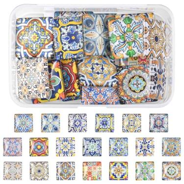 Imagem de MakemadeDIY 20 peças de 30 mm quadrado mosaico de vidro cabochão flor padrão de azulejo impresso cúpula cabochão para foto, pingente, brincos, colar, pulseira, chaveiro, anéis, joias, artesanato DIY
