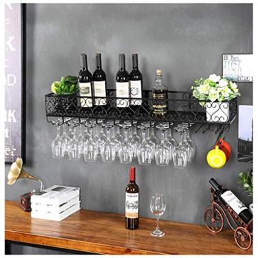 Imagem de Prateleiras de vinho, casa/bar retrô com suporte de vidro, suporte de garrafa de vinho de metal montado na parede, suporte de armazenamento de taças de suspensão, prateleira de vinho para bar/cozinha