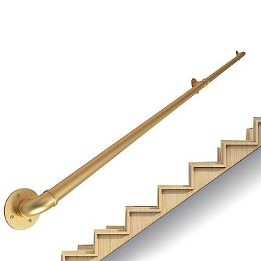 Imagem de Corrimão de escada - kit completo, corrimão de tubo dourado industrial de escada com suporte de montagem na parede, casa contra a parede, grades internas e externas para idosos (tamanho: 2,4 m)