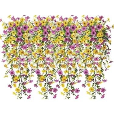 Imagem de Dakuailo Flores artificiais para pendurar, pacote com 4 flores de seda resistentes a UV para decoração ao ar livre, plantas falsas para varanda, pátio, caixa de janela (amarelo)