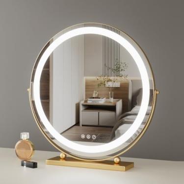 Imagem de YLFFFZZZ Espelho de maquiagem redondo, espelho de maquiagem com luz, rotação livre de 360° para penteadeira, espelho cosmético com tela sensível ao toque, espelho iluminado de mesa, preto (cor