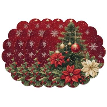 Imagem de YUEDOUBAN Conjunto de 4 jogos americanos de Natal, 38 cm, folhas de azevinho, bordadas, redondas e verdes, para jantar, jantar, decoração de férias, mesa, casa, cozinha, borda recortada