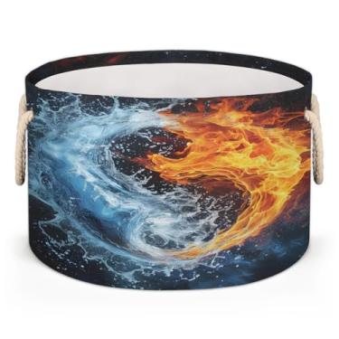 Imagem de Cesto grande redondo de armazenamento psicodélico de água com círculo de fogo organizador de brinquedos infantis dobráveis com alça cesto de roupa suja para sala de estar, lavanderia, berçário, quarto