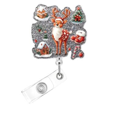 Imagem de Carretel de crachá de Natal, crachá de acrílico de rena para crachá de identificação com chapéu de Natal, bengala, doce, suporte retrátil para crachá, acessórios de clipe de jacaré para enfermeiras