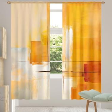 Imagem de 2 conjuntos de painéis de madeira cortinas transparentes com pintura laranja cortinas transparentes arejadas com filtragem leve painéis de cortina leve cortina de porta para janela para sala de estar
