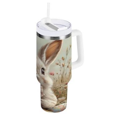 Imagem de ATTX Copo de coelho fofo de Páscoa de 1,134 g com alça, copo de aço inoxidável a vácuo de parede dupla com palha, caneca de café de viagem isolada #548
