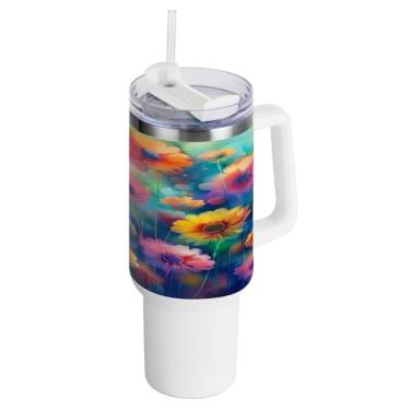 Imagem de xigua Copo vintage de flores silvestres de 1,134 g com alça e canudo, aço inoxidável duplo isolado a vácuo garrafa de água suporte de copo de garrafa de água amigável à prova de vazamento copo de