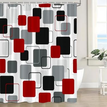 Imagem de UPUMKSK Cortina de chuveiro vermelha cinza preta moderna geométrica quadrada abstrata meados do século minimalista contemporânea cortina de banho com ganchos, 177 x 178 cm