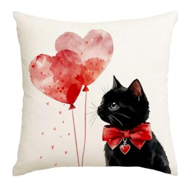 Imagem de RABUSOFA Capas de almofada de dia dos namorados 45,7 x 45,7 cm, balão de coração de amor, gato preto, fofo, festa romântica, festas de fim de ano, para decoração de dia dos namorados para sofá de casa