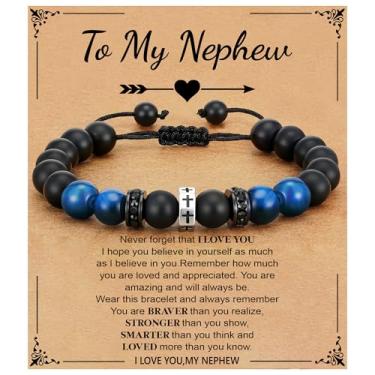 Imagem de Esrial Pulseira de cruz para homens, presentes de Natal para homens, pulseira de contas cruzadas, aniversário, batismo, presentes cristãos para filho, neto, irmão, sobrinho, 5.5in, Cobre, Ágata