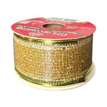 Imagem de Kit 3 fitas aramada dourada decorativa brilhosa 2.5cm Natal - 00002711