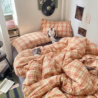 Imagem de EAVD Jogo de cama de edredom estilo vintage guingão, solteiro, macio, 100% algodão lavado, com grade colorida, xadrez, reversível, para meninos e meninas, capa de edredom xadrez moderna com zíper