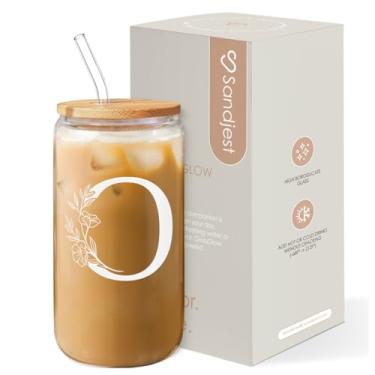 Imagem de SANDJEST Presentes com monograma para mulheres - Monograma O Inicial Copo de Vidro 473 ml Lata Xícaras de Café com Tampa e Canudo - Monograma Iniciais Presentes para Mulheres no Aniversário