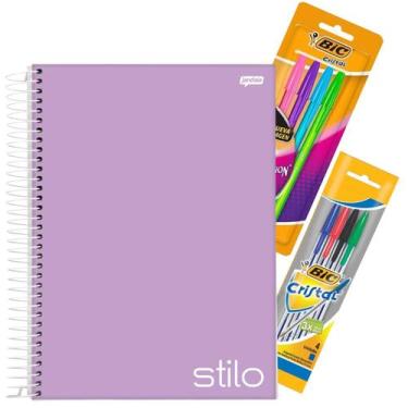 Imagem de Kit Caderno Espiral 10m Capa Dura 160 fls Lilás Pastel + Kit 8 Canetas