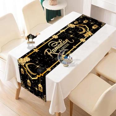 Imagem de Caminho de mesa Ramadan Mubarak, decorações pretas douradas Ramadan Kareem com padrão de lua e estrela, corredores de mesa de jantar de cozinha para decoração de feliz feriado islâmico e suprimentos