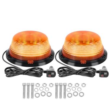 Imagem de Willpower 2 luzes estroboscópicas redondas âmbar de 15 cm com base magnética, mini barra de luz de emergência piscante de segurança de 12 a 24 V com plugue de cigarro para caminhões de construção