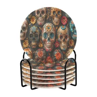 Imagem de Qilmy Conjunto de 6 peças de porta-copos de esqueleto de flores bonitas ou porta-copos de bar para bebidas, porta-copos de fazenda ou porta-copos de mesa rústicos, porta-copos modernos de algodão para