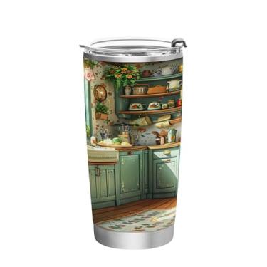 Imagem de Wassud Caneca de café com isolamento térmico de parede dupla de aço inoxidável com tampa e canudo Cartoon Kitchen 590 ml para bebidas frias e quentes