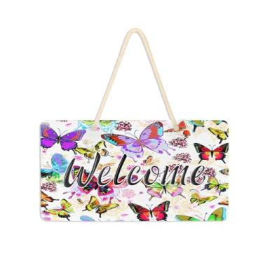 Imagem de Burbuja Placa de boas-vindas de flores coloridas de borboletas para porta da frente, placa de boas-vindas de PVC para decoração de férias, 15 x 28 cm