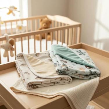 Imagem de Kit 2 Mantas Dupla Face para Bebê, 100% Algodão, Bege e Verde