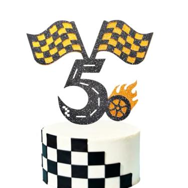 Imagem de Racing Car 5th Birthday Cake Topper. Checkered Flag, Race Track, Fire Wheel Cake Decoration Set for Boy's 5 Years old Birthday Party Supply